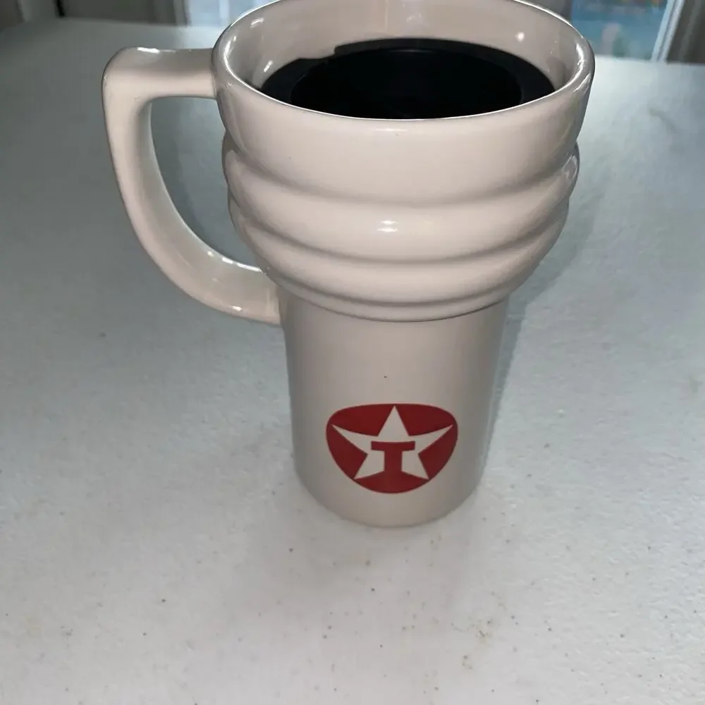 Vintage Texaco Gasoline Ceramic Travel Coffee Mug Cup Ribbed With Lid